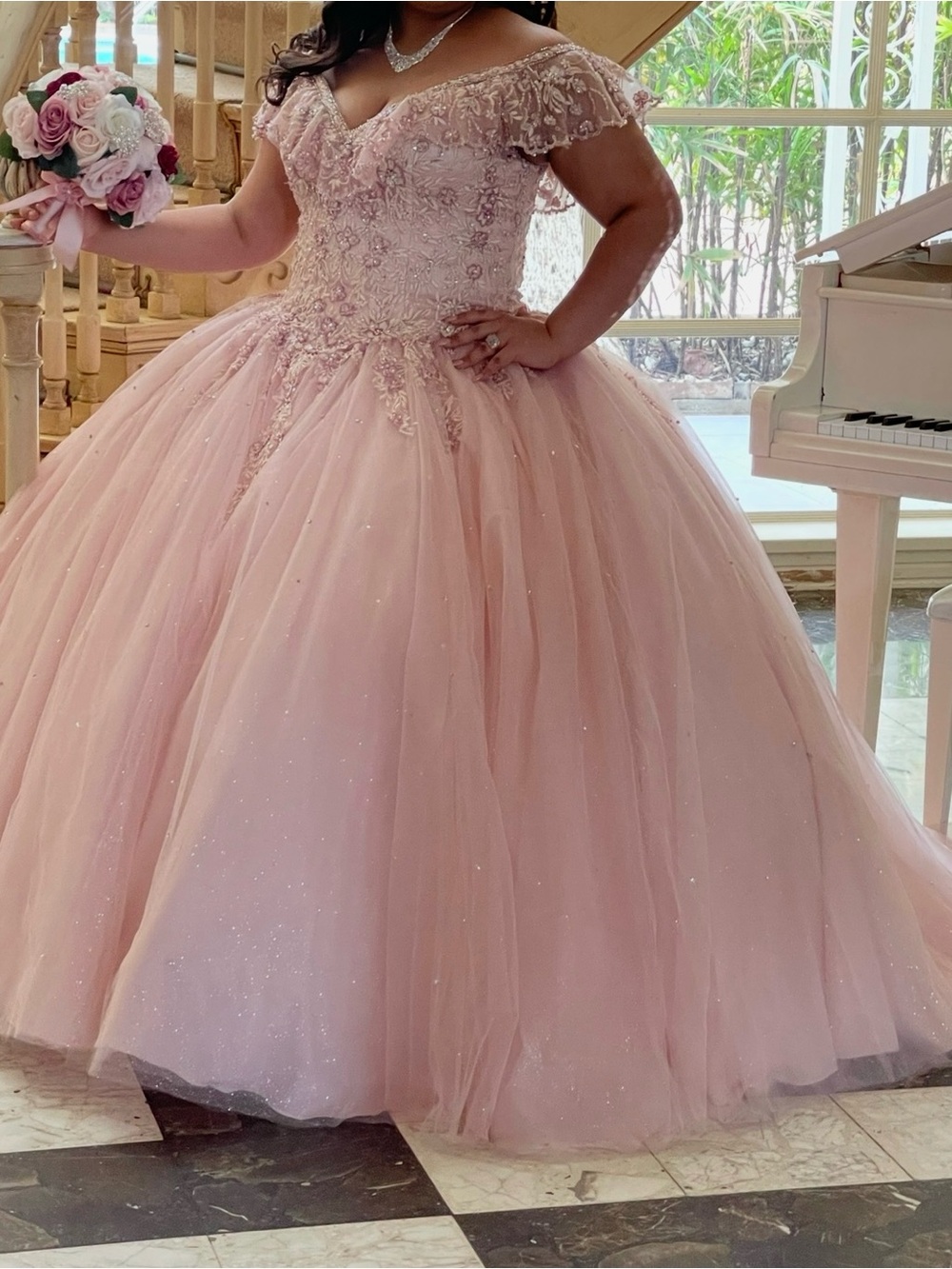 Girls' Blush Pink Off-Shoulder Tulle Ball Gown Dress